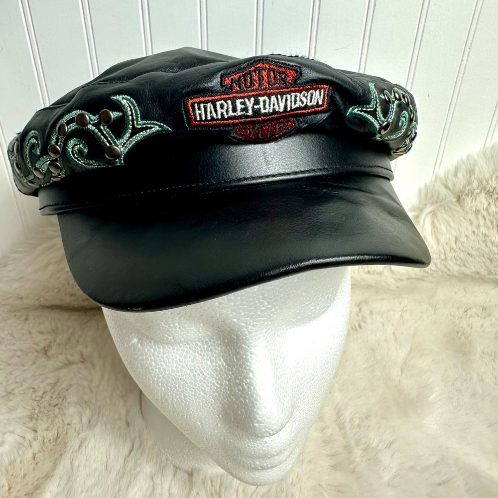 Harley-Davidson Black Leather Embroidered Biker Cap